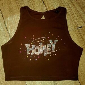Brown Crop Top with Rhinestone Design
